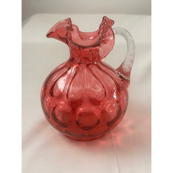 Fenton Cranberry Glass Pitcher Ruffled Rim Applied Reeded Handle Optic Rib Red - Picture 10 of 13